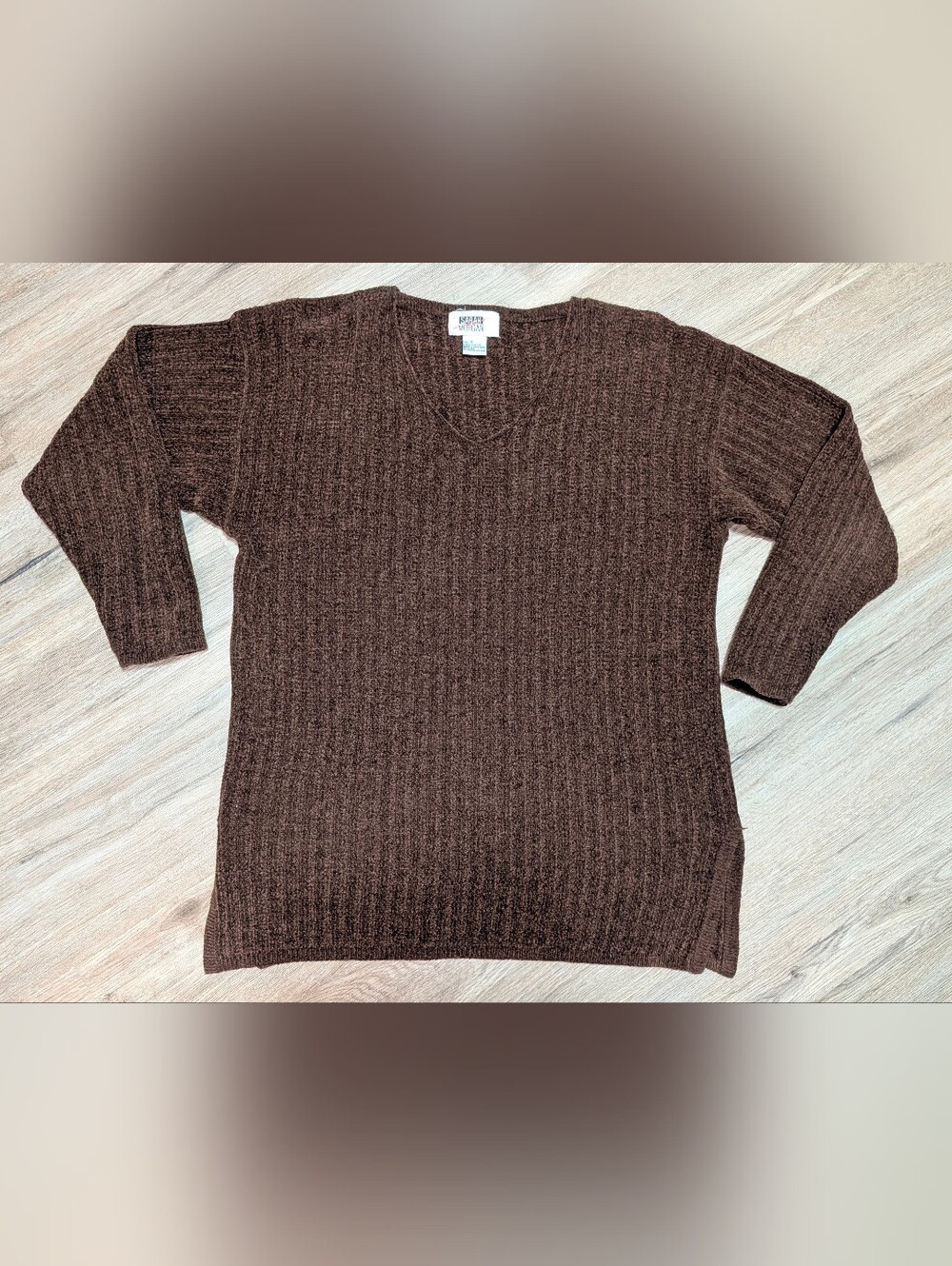 Vintage Sarah Morgan Classic V-Neck Ribbed Knit Brown Sweater Women's Small